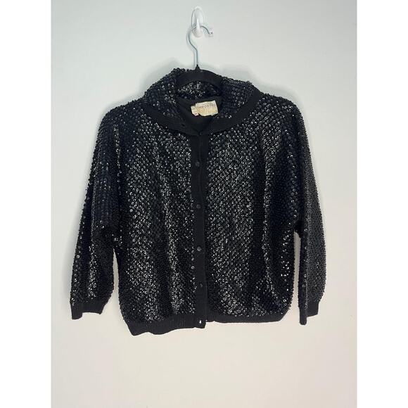 Riviera Sequin Wool Cardigan Sweater Womens‎ 40 Black Vintage Beaded Button Up - Picture 1 of 8